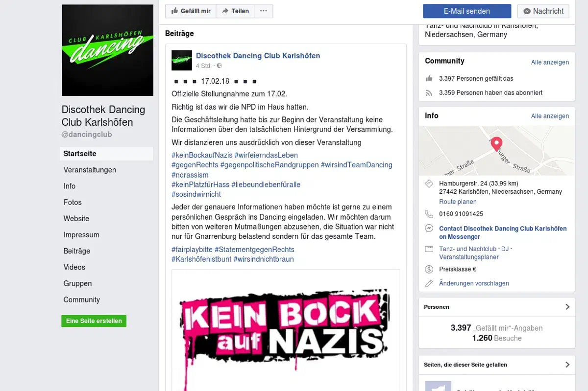 Die Betreiber der Discothek distanzierten sich im Nachhinein von der Veranstaltung. Auf persönliche Nachfrage erklärten diese, dass sich die NPD-Niedersachsen unter "falschen Voraussetzungen" in der Discothek eingemietet habe. Es sei im Vorfeld lediglich von etwa 150 Personen die Rede gewesen, "welche nett zusammen feiern wollten". Eine angekündigte Anzahl von Teilnehmer*innen, welche die NPD übrigens am Ende des Tages weit unterbot.
