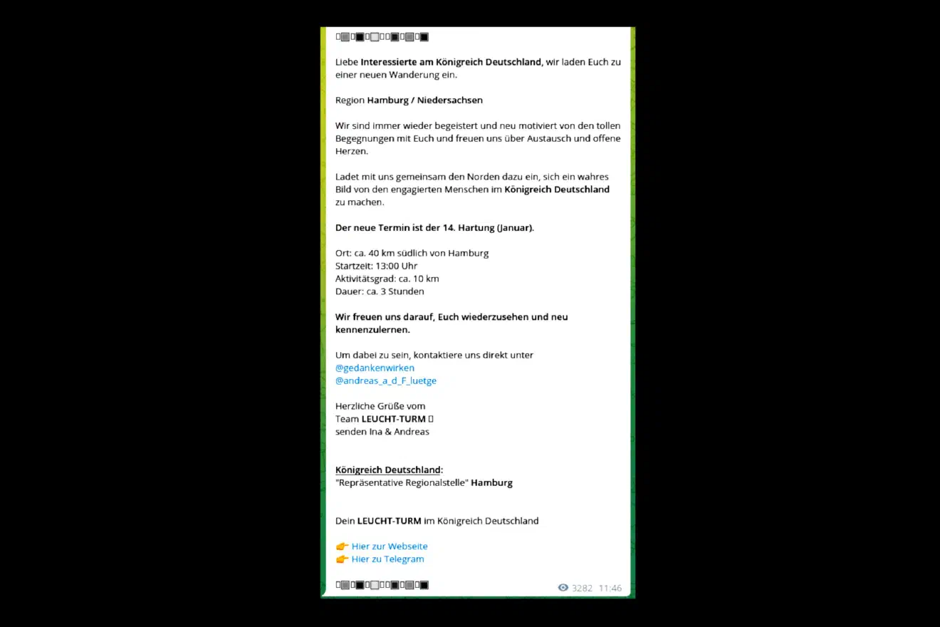Die Organisierung der Wanderungen findet, ebenso wie die weitere Kommunikation des KRD, über eine der zahlreichen Telegramgruppen statt.(Quelle: Telegramkanal "Leucht-Turm")